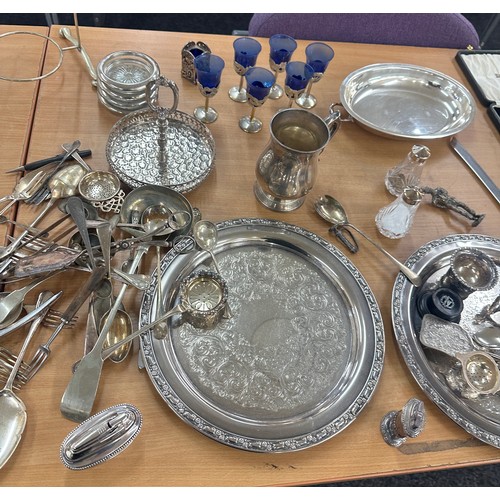 208 - Large selection of silver plated ware includes lighters, cutlery, salt and pepper and a selection of... 