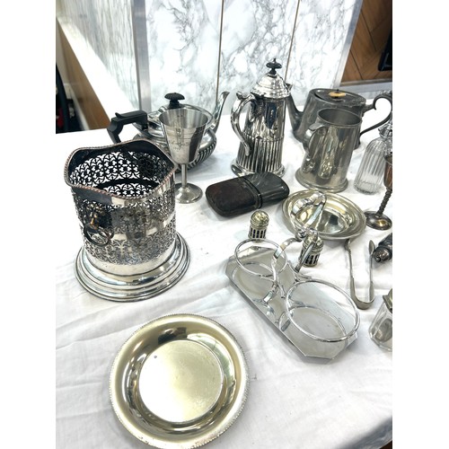 159 - Large selection of metal ware includes tea pots, goblets, cruet set etc