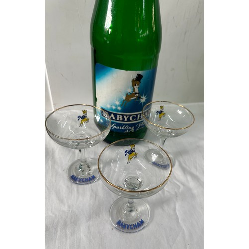 56 - Vintage large baby Cham glass bottle and three baby Cham glasses - glass bottle measures approx 17 i... 