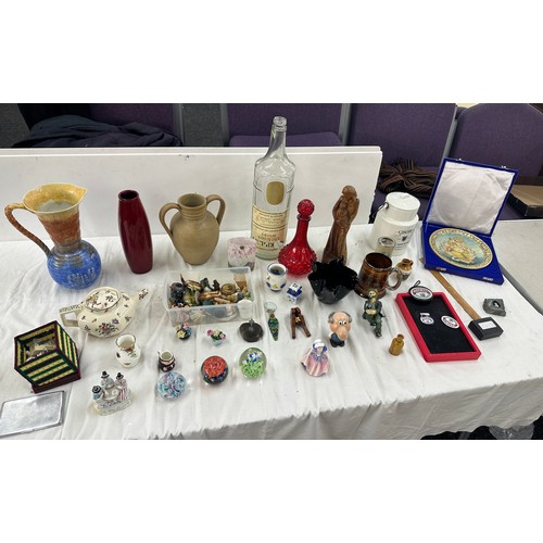 235 - Selection of assorted pottery and collectables includes glass whiskey bottle, west german vase, pape... 