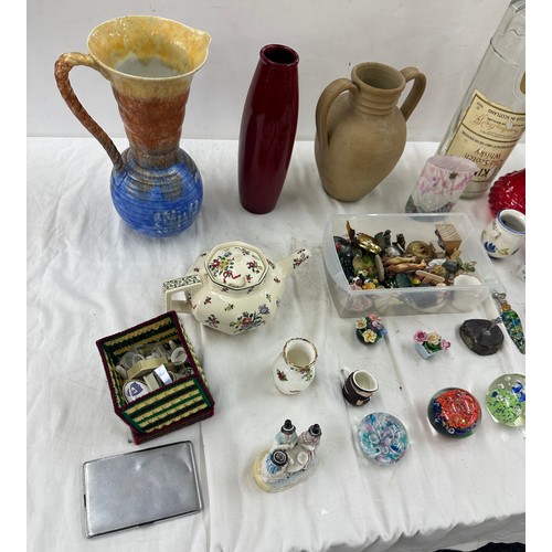 235 - Selection of assorted pottery and collectables includes glass whiskey bottle, west german vase, pape... 