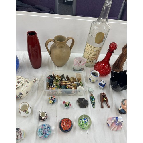 235 - Selection of assorted pottery and collectables includes glass whiskey bottle, west german vase, pape... 