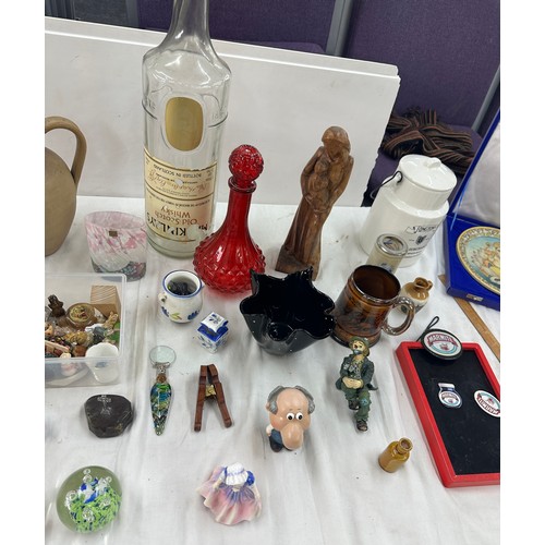 235 - Selection of assorted pottery and collectables includes glass whiskey bottle, west german vase, pape... 