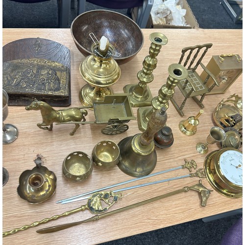 139 - Large selection of assorted brass ware includes bells, candle stick etc