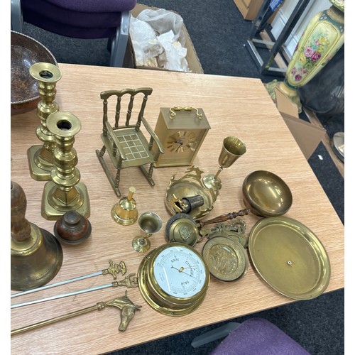 139 - Large selection of assorted brass ware includes bells, candle stick etc