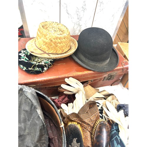 158 - Vintage suitcase, purses, hats, clothes etc