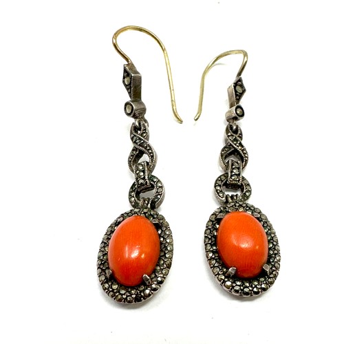 237 - 9ct gold & silver drop earrings set with coral & marcasite (6.3g)