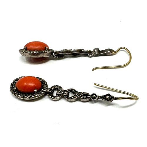 237 - 9ct gold & silver drop earrings set with coral & marcasite (6.3g)