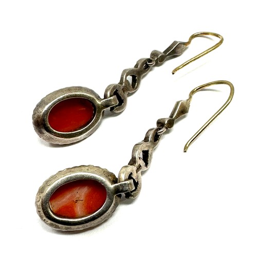 237 - 9ct gold & silver drop earrings set with coral & marcasite (6.3g)