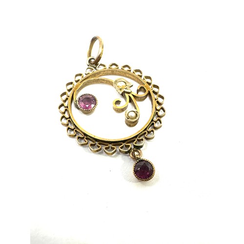 181 - 9ct gold antique garnet & seed pearl openwork pendant (1.5g)