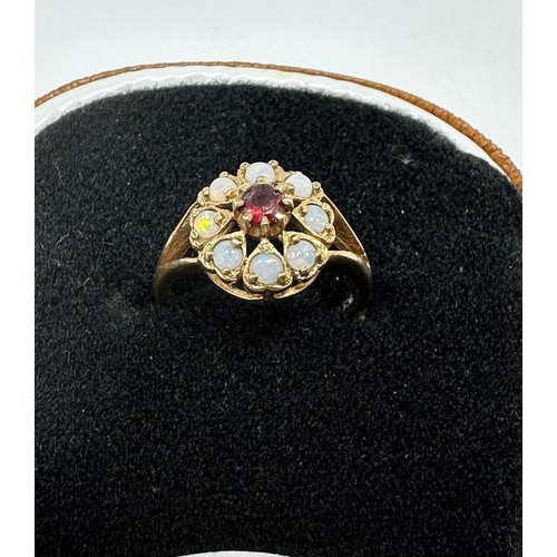 207 - 9ct gold opal & garnet halo ring (2.1g)