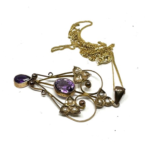 220 - 9ct gold antique amethyst & seed pearl openwork pendant necklace (2.6g)