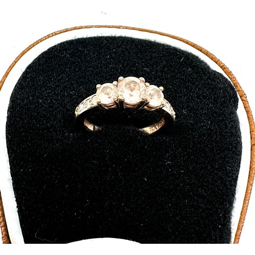 223 - 14ct gold morganite three stone ring with diamond set shoulders (2.8g)