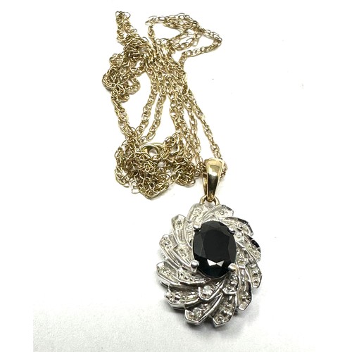 132 - 9ct gold sapphire & diamond cluster pendant & chain (3.5g)