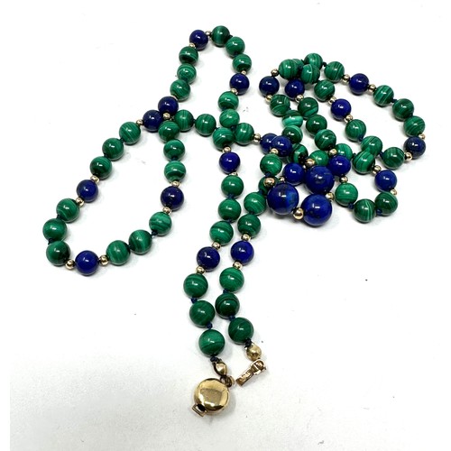 245 - 9ct gold lapis & malachite bead necklace (37.4g)