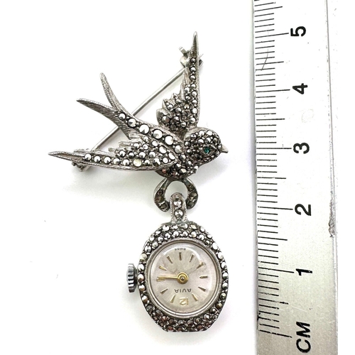 288 - Vintage Avia Silver 925 & Marcasite Bird Lapel Watch Fully Hallmarked and is ticking