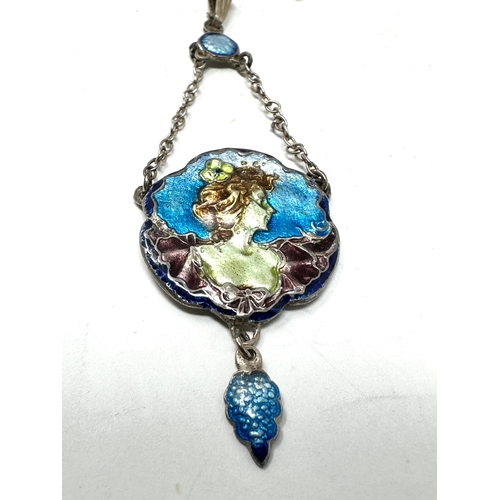 304 - Vintage silver & enamel Art Nouveau style pendant necklace pendant measures approx 6.5cm drop