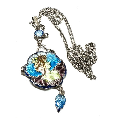 304 - Vintage silver & enamel Art Nouveau style pendant necklace pendant measures approx 6.5cm drop