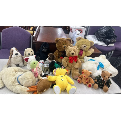 260 - Large selection of teddies, dolls, vintage pram etc