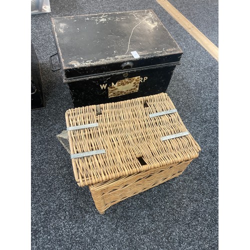 262 - 2 Vintage metal storage boxes and 1 wicket basket largest measures approximately 18 inches length 13... 