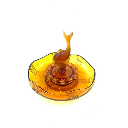 371 - Vintage Art Deco Czech Josef Inwald amber Glass Flying Fish Bowl, c1930, chip to base of fish stoppe... 