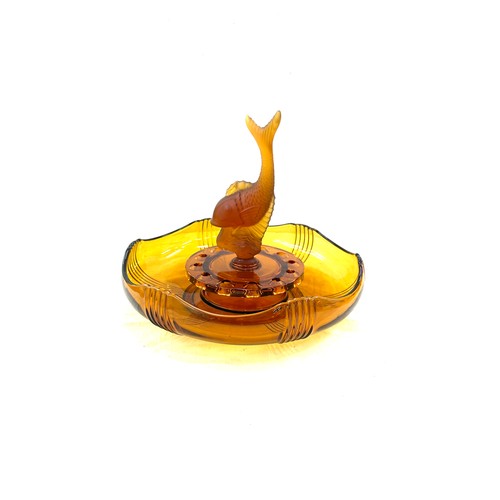 371 - Vintage Art Deco Czech Josef Inwald amber Glass Flying Fish Bowl, c1930, chip to base of fish stoppe... 