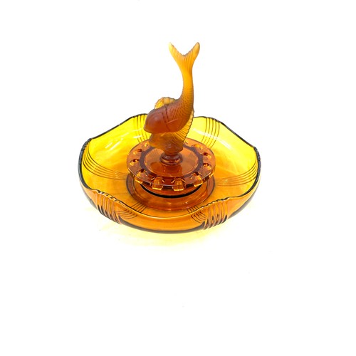 371 - Vintage Art Deco Czech Josef Inwald amber Glass Flying Fish Bowl, c1930, chip to base of fish stoppe... 