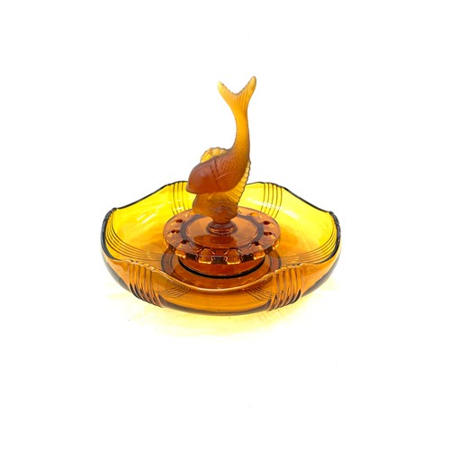 371 - Vintage Art Deco Czech Josef Inwald amber Glass Flying Fish Bowl, c1930, chip to base of fish stoppe... 