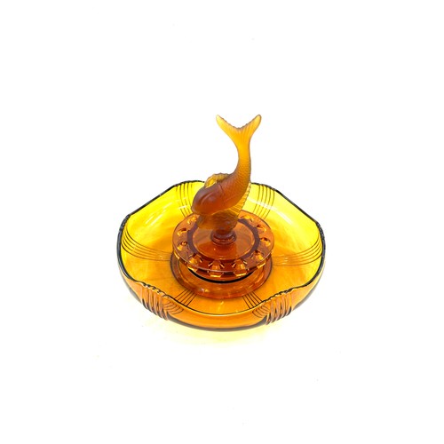 371 - Vintage Art Deco Czech Josef Inwald amber Glass Flying Fish Bowl, c1930, chip to base of fish stoppe... 