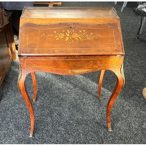 300 - mahogany marquetry inlaid ormaloo ladies desk measures approx 36 inches tall by 25.5 wide and 18 dee... 