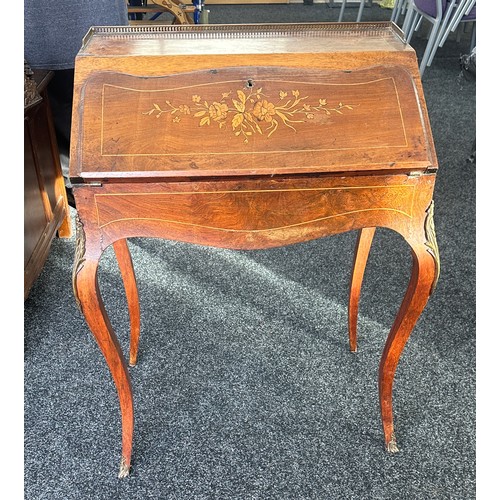 300 - mahogany marquetry inlaid ormaloo ladies desk measures approx 36 inches tall by 25.5 wide and 18 dee... 