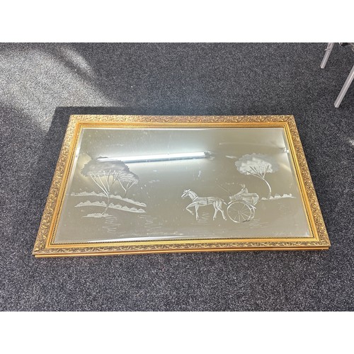 326 - Large gilt framed etched mirror measures approx 35 inches tall by 52.5 inches wide