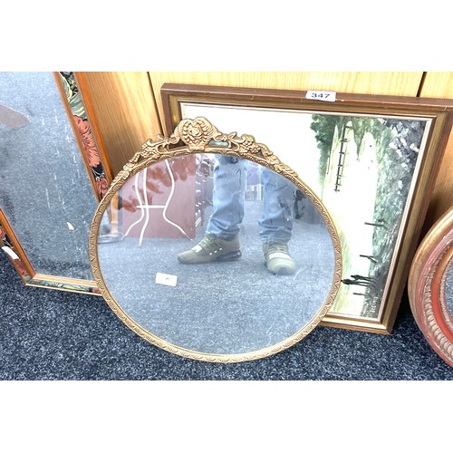 347 - 3 vintage framed mirrors largest measures approximately 33 inches by 12 inches, oval mirror