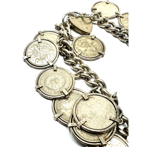 253 - silver three pence coin charm bracelet weight 77g