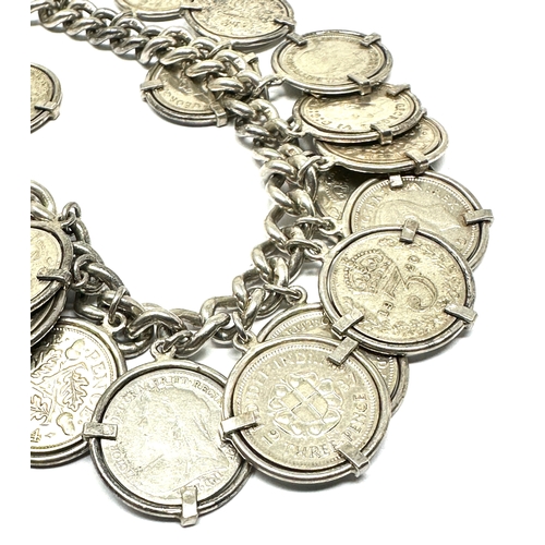 253 - silver three pence coin charm bracelet weight 77g