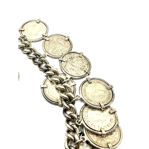 253 - silver three pence coin charm bracelet weight 77g