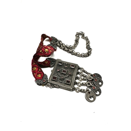 261 - Silver 925 Afghan Kuchi tribal necklace; a large silver rectangular centerpiece set with red glass s... 