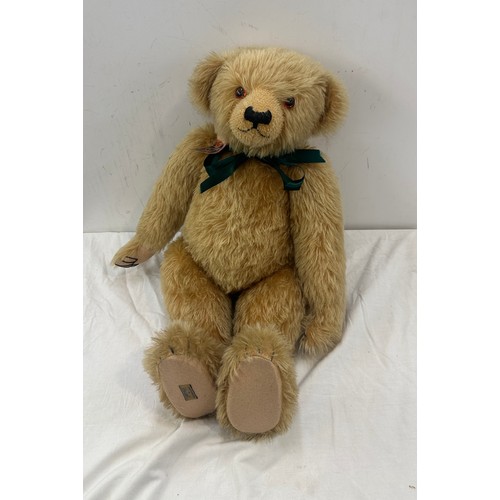 255 - Large golden merrythought/ alpha farnell teddy bear, jointed and with growler labled height 64cms