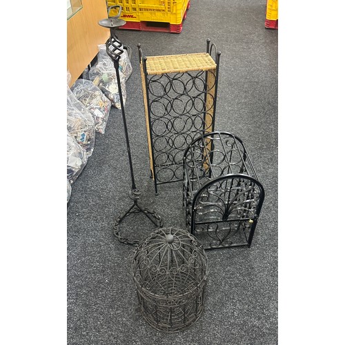 259 - Selection of metal ware includes wine rack, bird cage etc