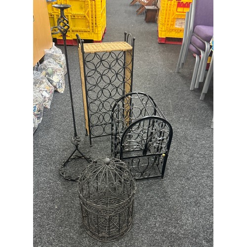 259 - Selection of metal ware includes wine rack, bird cage etc