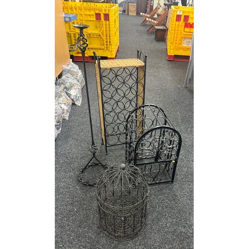 259 - Selection of metal ware includes wine rack, bird cage etc