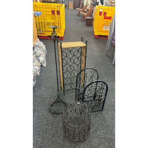 259 - Selection of metal ware includes wine rack, bird cage etc