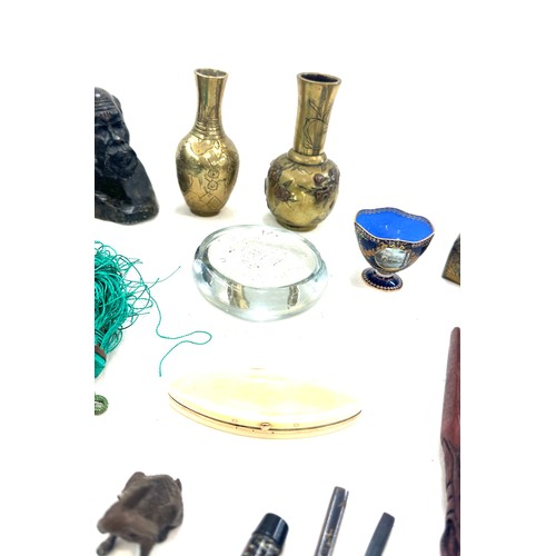 483 - Tray of collectable items includes brass oriental vases, carved figures, Silver fruit knives etc