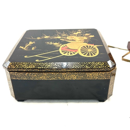 449 - Vintage black lacquer hand painted box in a wooden case