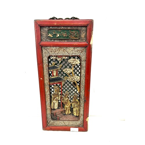 60 - Carved chinese wood panel measures approximately 19 inches by 9 inches