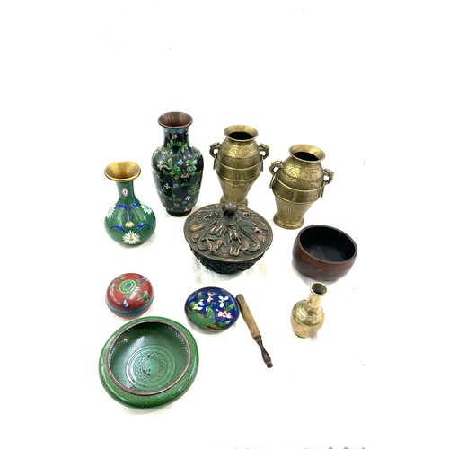 271 - Selection of vintage vases includes brass urns, cloisonne etc