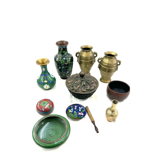 271 - Selection of vintage vases includes brass urns, cloisonne etc