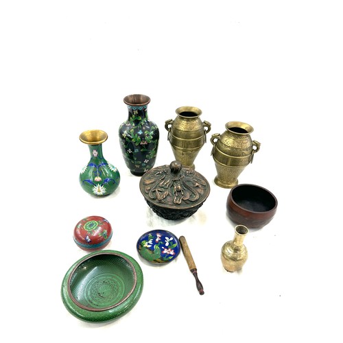 271 - Selection of vintage vases includes brass urns, cloisonne etc