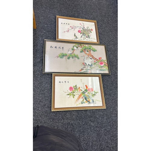 18 - Three framed Chinese embroidery silks, largest measures approximately 22 inches tall 40 inches wide