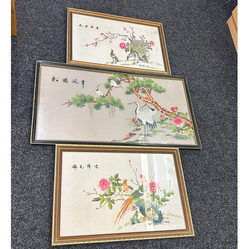 18 - Three framed Chinese embroidery silks, largest measures approximately 22 inches tall 40 inches wide